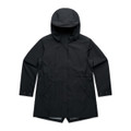 A black soft shell jacket with a hood and front pockets, featuring a simple design and a branding logo.