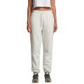 Cream track pants with an elastic waistband displayed on a model, featuring a logo.