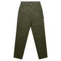 Utility pants in olive green, featuring cargo pockets and a fitted design. Includes a logo on the waistband.