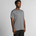 A grey active t-shirt displayed on a model, featuring a simple design and a logo on the chest.