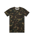 A camouflage t-shirt in various shades of green and brown, featuring a round neckline and short sleeves.