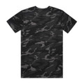 A black and grey camo-patterned t-shirt featuring a back view. It has a branding logo on it.