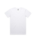A white V-neck T-shirt with a logo on the neckline. It features a classic fit and short sleeves.