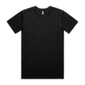 A black V-neck T-shirt with short sleeves and a simple design. It features a logo on the label.