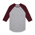 A grey and burgundy raglan tee with three-quarter sleeves, featuring a logo on the label.