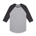 A grey and charcoal raglan tee with three-quarter sleeves and a round hem, featuring a logo.