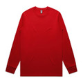 A long-sleeve red t-shirt with a plain design and a logo on the neckline.