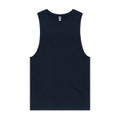 A navy blue singlet tank top with a round neckline and a logo on the label.