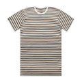 A striped t-shirt featuring alternating brown and white horizontal lines, with a round neckline and short sleeves.