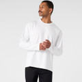 A long-sleeve white T-shirt with a relaxed fit, featuring a logo and a man standing in a neutral pose.