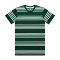 A green and white striped t-shirt featuring a logo on the label. Casual and stylish design.