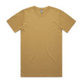 A faded mustard yellow T-shirt with short sleeves and a tag at the neckline, featuring a logo.
