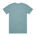 A faded teal t-shirt displayed from the back, featuring a simple design and a small logo.