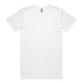 A plain white T-shirt with short sleeves and a branded label on the neckline.