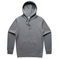 A grey zip hoodie featuring a drawstring hood and a front pocket, with a logo on the label.
