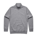 A grey half zip crew jumper with long sleeves and a collar. It features a branding logo.