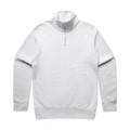 A light grey half zip crew jumper featuring long sleeves and a collar. It has a logo on the front.