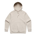 A beige hoodie with a front pocket and a drawstring hood, featuring a logo on the chest area.