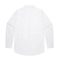 A white button-up Oxford shirt with long sleeves and a back pleat, featuring a logo on the label.