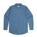 A blue denim button-up shirt with a single chest pocket and long sleeves. It features a logo on the label.