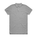 A grey polo shirt with a collar and a small logo on the chest. Simple and stylish design.