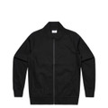 A black bomber jacket with a zip front and ribbed collar and cuffs, featuring a logo.