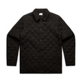 A black quilted puffer jacket with a collared neckline and button front, featuring a logo.