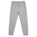 A pair of grey track pants with an elastic waistband and side pockets. The pants have a simple design and logo.