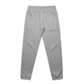 Grey track pants with an elastic waistband and cuffs, featuring a logo on one side.