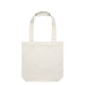 A light cream tote bag with two handles and a simple design. It features a logo on one side.