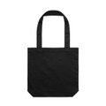 A black tote bag with two handles and a simple design, featuring a logo on the front.