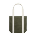 A two-tone tote bag featuring an olive green body and cream handles, with a logo on the side.