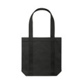 A black tote bag with long handles and a structured base, featuring a logo. Suitable for various uses.