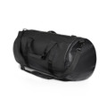 A black duffel bag with sturdy handles and an adjustable shoulder strap, featuring a logo.