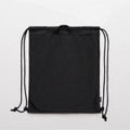 A black drawstring bag with a simple design and a logo on the side, featuring two drawstrings for closure.