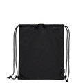 A black drawstring gear bag with two drawstrings and a small loop at the top, featuring a logo.