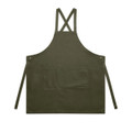 A solid olive green apron with cross-back straps and a front pocket. Features eyelets and ties for secure fastening.