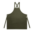 A dark green apron featuring cross-back straps and a front pocket, with a logo on the side.