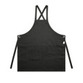 A black apron featuring cross-back straps and a front pocket, with eyelet detailing and branding.