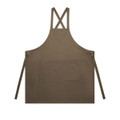 A brown apron featuring cross-back straps and a front pocket, equipped with tie straps.