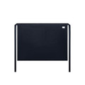 A black half apron featuring a front pocket and ties at the waist. It includes a branding label.