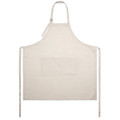 A linen apron in cream with a front pocket, featuring adjustable straps and ties at the sides.