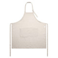 A beige linen apron featuring a front pocket and ties for securing. Includes a logo on the side.