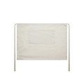 A linen half apron in a light beige colour with ties and a front pocket. The design is simple and functional.