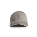 A grey cap with a curved brim and stitched detailing, featuring a logo on the front.