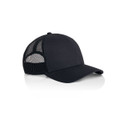 A black trucker cap featuring a mesh back and a solid front panel, designed for casual wear.