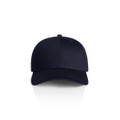A navy blue cap featuring a structured design and a logo on the front.