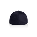 A black cap with a curved brim and a fitted design, featuring rear ventilation holes and a logo on the back.