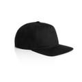 A black cap with a flat brim and an adjustable strap at the back, featuring a logo.