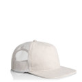 A beige trucker cap with a mesh back and a rounded brim. It features a logo on the front.